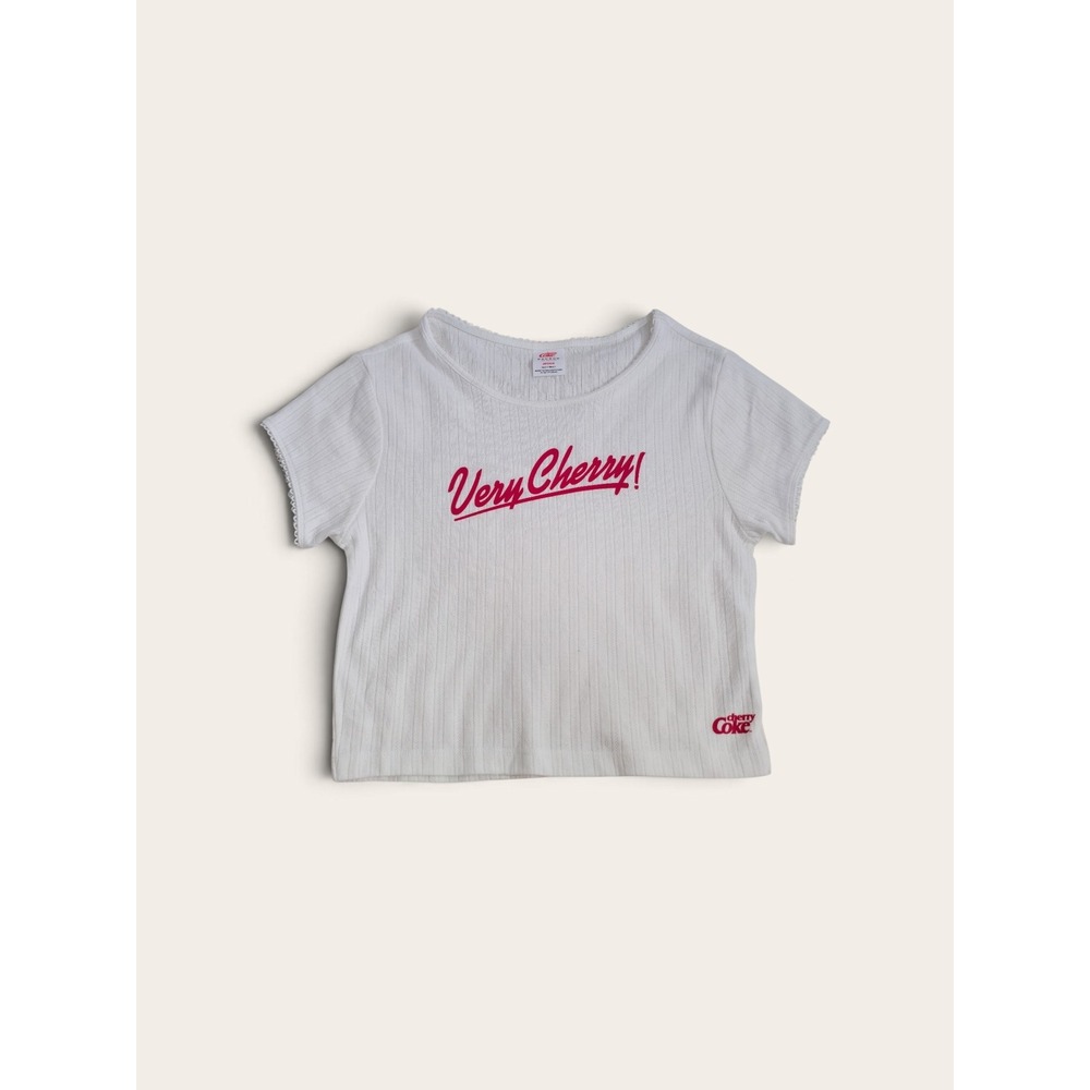 PacSun Cherry Coke Very Cherry Y2K White Pointelle Lace Trim Crop Baby Tee